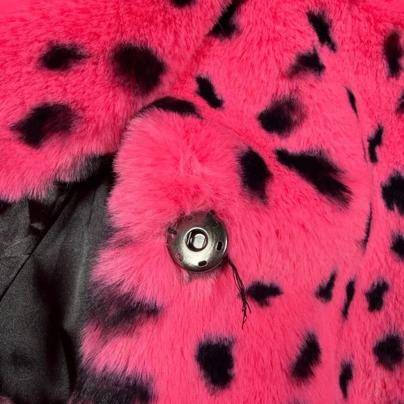 Lazy Oaf Hot Pink Faux Fur Pea Coat with Black Spot Print and Bow - Picture 7 of 9